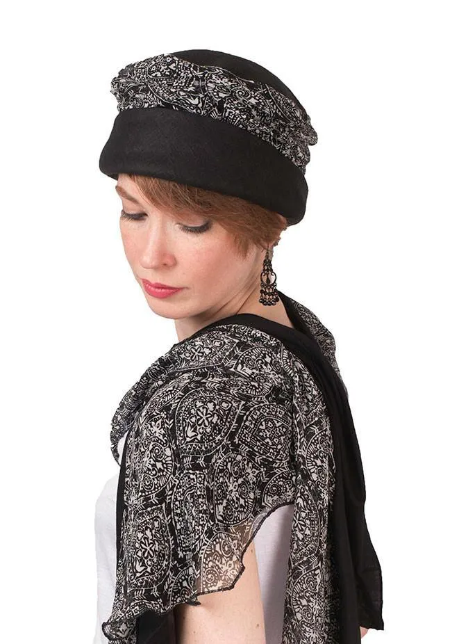 Ana Cloche Hat Style - Linen in Black with Black & White Paisley
