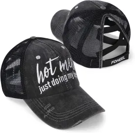 Baseball Cap Hot Criss Cross Ponytail Hat for Women Distressed Messy Bun Trucker Hat Pony Cap Hot Mess hat