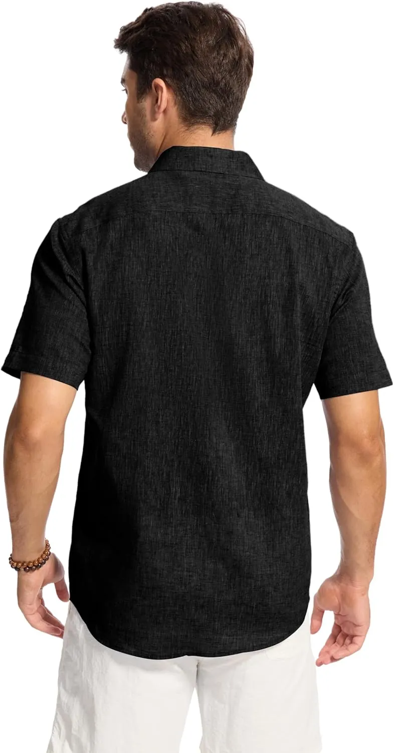 Button Down Linen Shirts for Men Short Sleeve Button Up Summer Shirt Casual Beach Regular Fit Lightweight Breathable