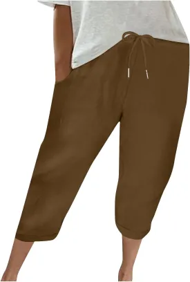 Capri Pants for Women Casual Summer Drawstring Elastic High Waist Linen Pants Baggy Straight Leg Cropped Trousers
