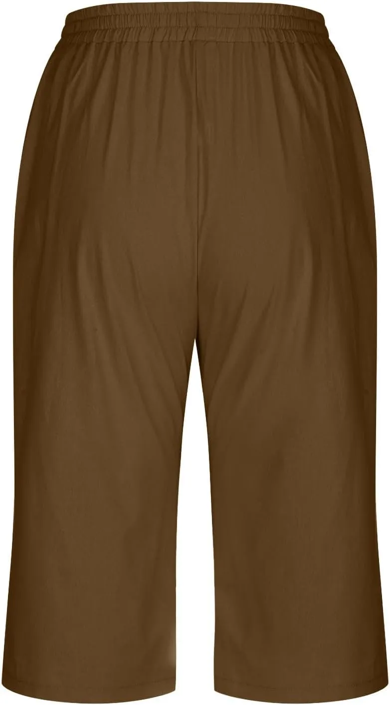 Capri Pants for Women Casual Summer Drawstring Elastic High Waist Linen Pants Baggy Straight Leg Cropped Trousers