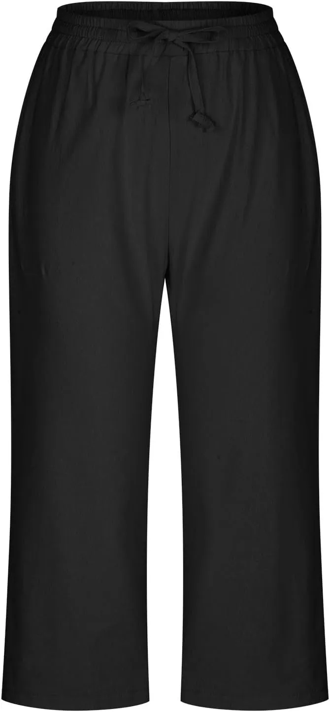 Capri Pants for Women Casual Summer Drawstring Elastic High Waist Linen Pants Baggy Straight Leg Cropped Trousers