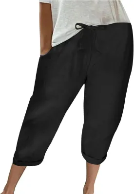 Capri Pants for Women Casual Summer Drawstring Elastic High Waist Linen Pants Baggy Straight Leg Cropped Trousers