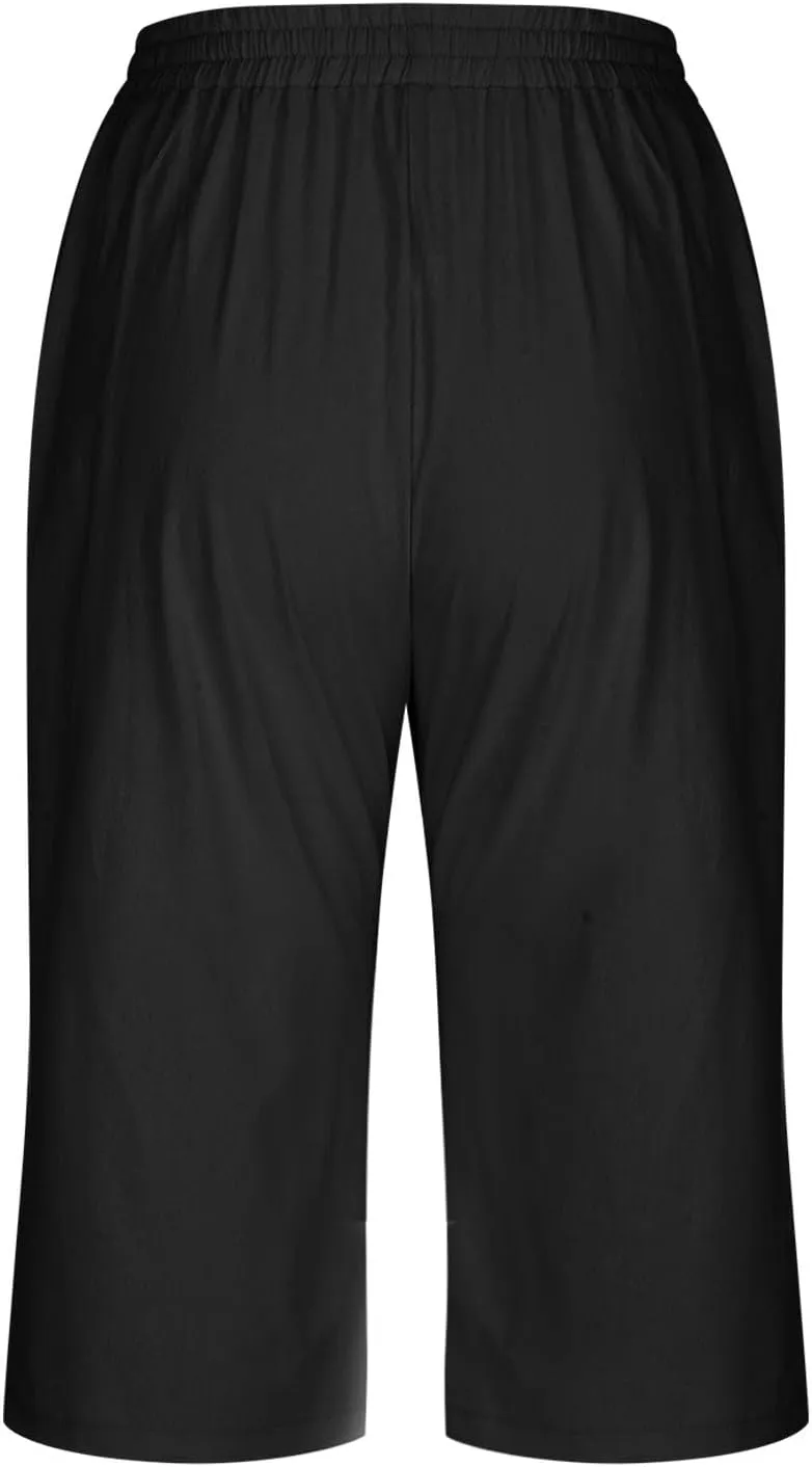 Capri Pants for Women Casual Summer Drawstring Elastic High Waist Linen Pants Baggy Straight Leg Cropped Trousers