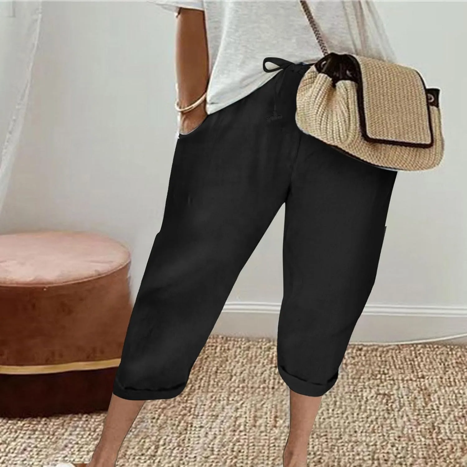 Capri Pants for Women Casual Summer Drawstring Elastic High Waist Linen Pants Baggy Straight Leg Cropped Trousers
