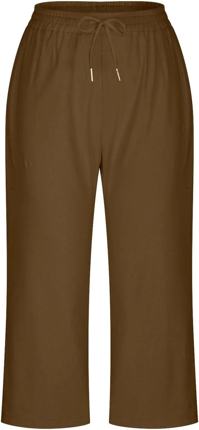 Capri Pants for Women Casual Summer Drawstring Elastic High Waist Linen Pants Baggy Straight Leg Cropped Trousers