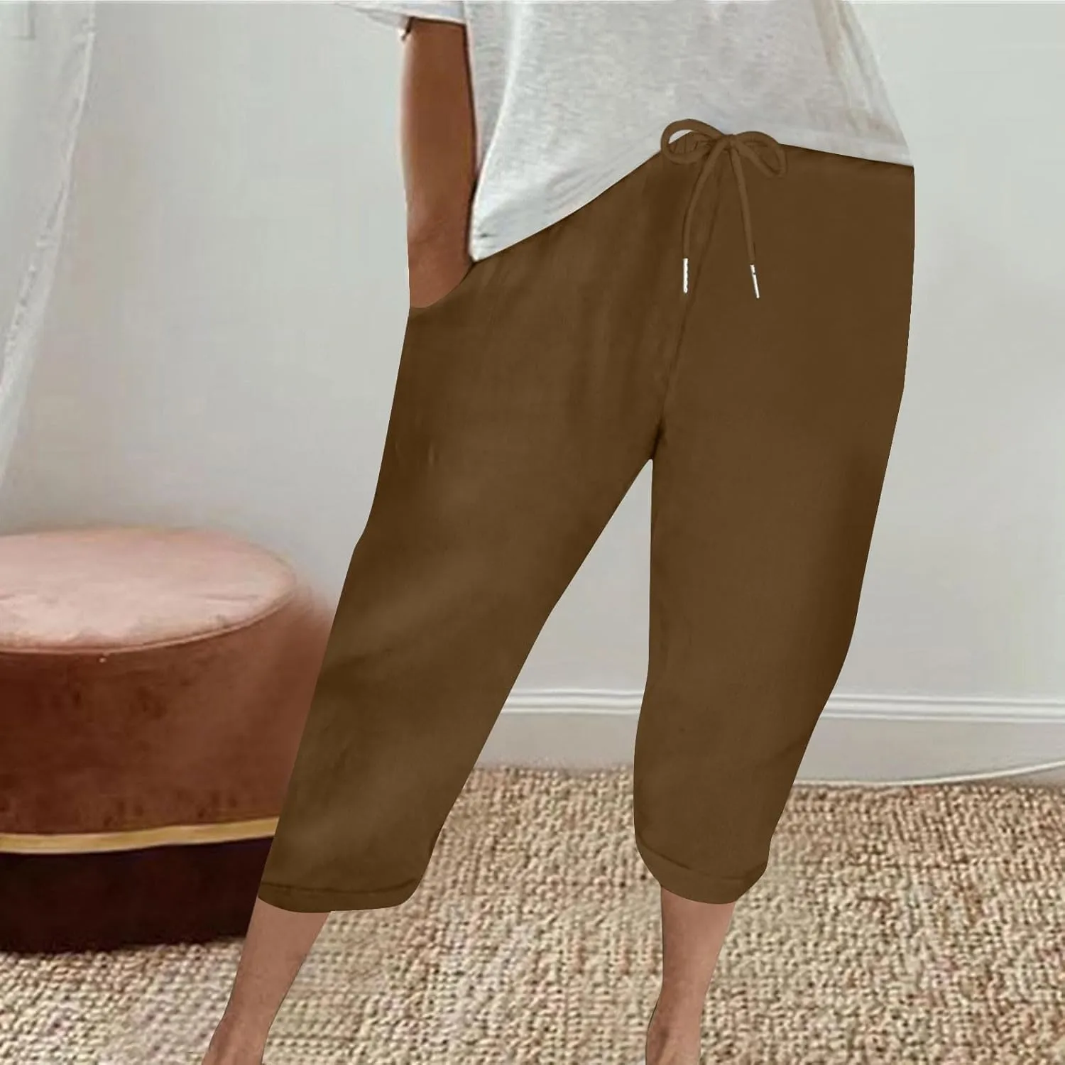 Capri Pants for Women Casual Summer Drawstring Elastic High Waist Linen Pants Baggy Straight Leg Cropped Trousers