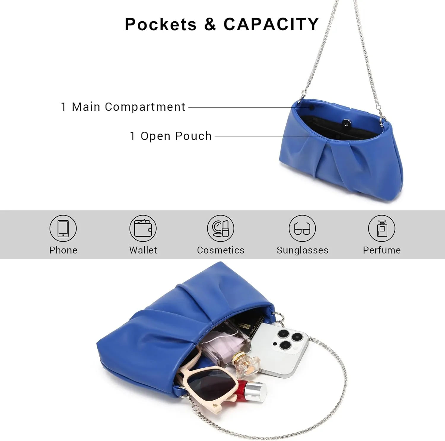 Dasein Elegant Pleated Evening Bag Soft Vegan Leather Clutch Purse Dressy Formal Handbag with 2 Chain Straps for Women