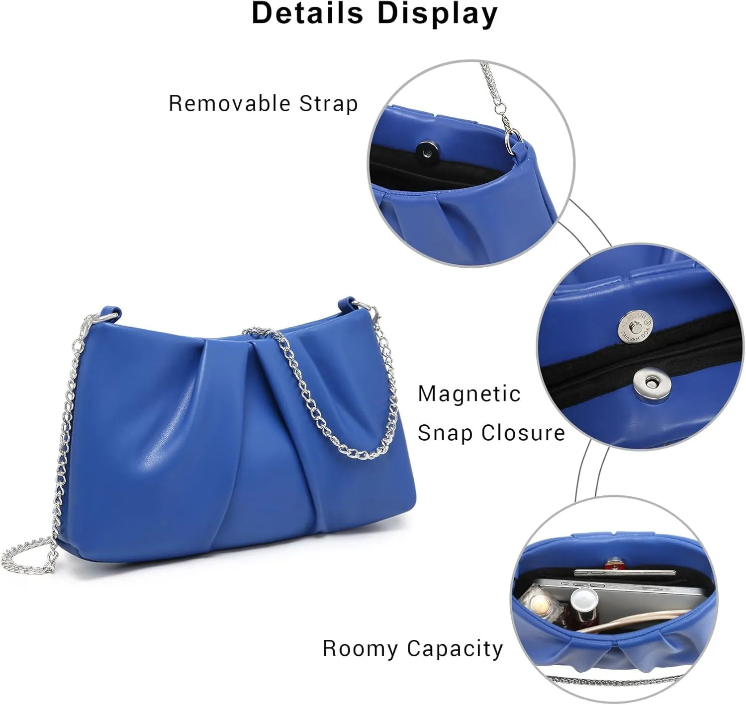 Dasein Elegant Pleated Evening Bag Soft Vegan Leather Clutch Purse Dressy Formal Handbag with 2 Chain Straps for Women