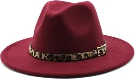European and American Woolen Hat, Leopard Print Hat for Men and Women, Flat Brim Big Brim Jazz Felt Hat Fengyan Cowboy Hats (Color : Claret, Size : 58-60cm)