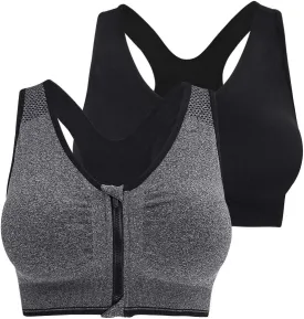 Fapreit Women's Zip Front Closure Sports Bra - Seamless Wirefree Post Surgery Zipper Padded Racerback Workout Gym Yoga Bras