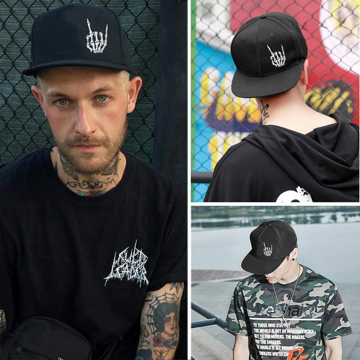 Flat Bill Hats for Men Embroidery Mens Snapback Hats Flat Brim Snap Back Skeleton Skull Hat