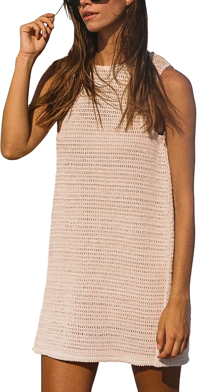 Gacaky Women's Summer Mini Dress Swimsuit Crochet Swim Cover Up Bathing Suit Swimwear Mesh Knit Beach Mini Dress