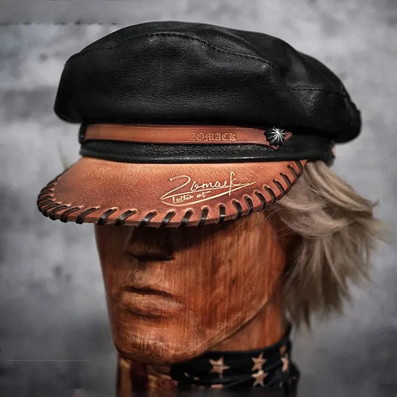 Genuine Leather Fisherman Cap - Cowhide Military Captain Sailor Hat