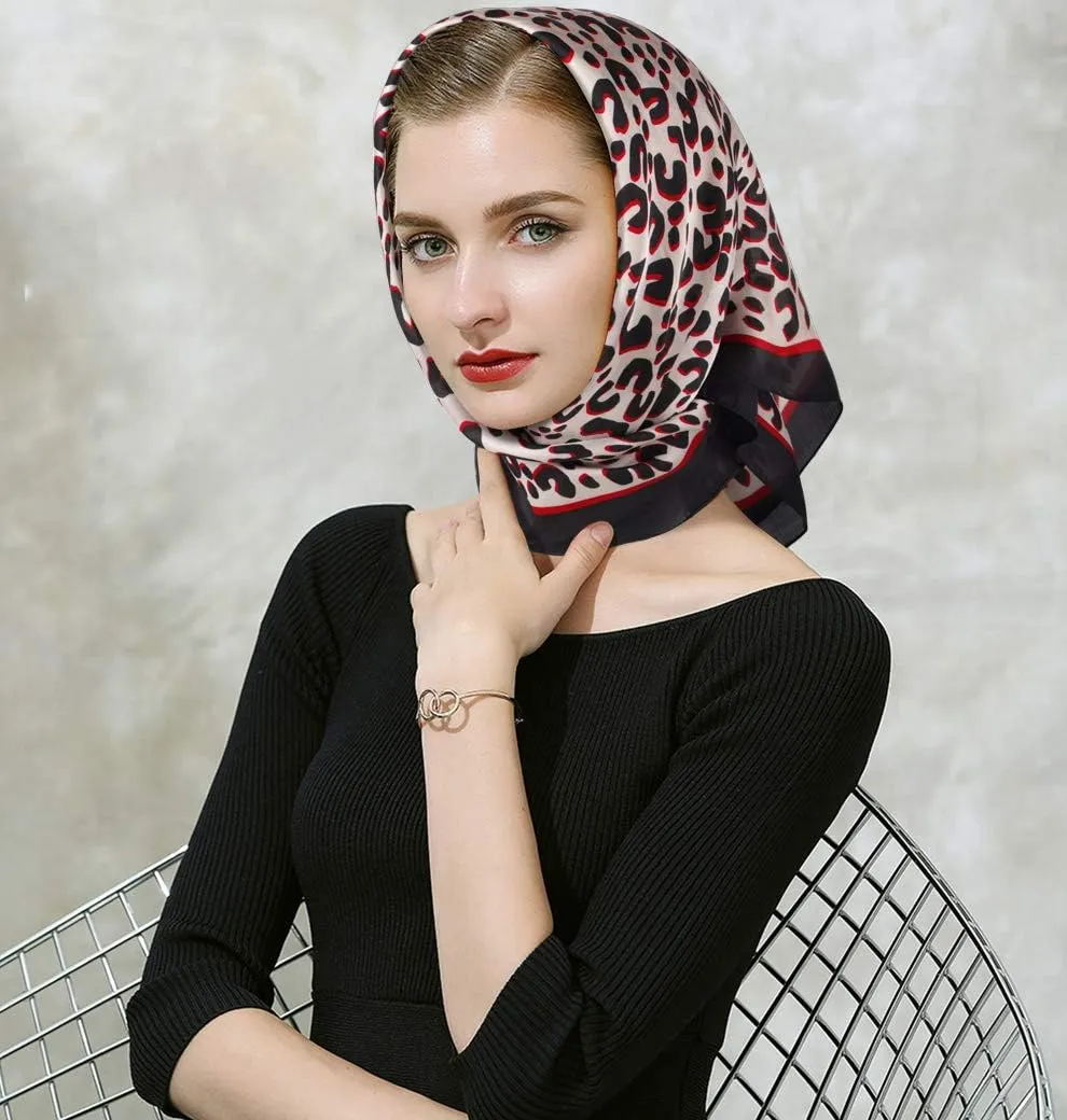 GERINLY Silk Hair Scarf Animal Print Leopard Neck Scarf Spring Neckerchief for Women