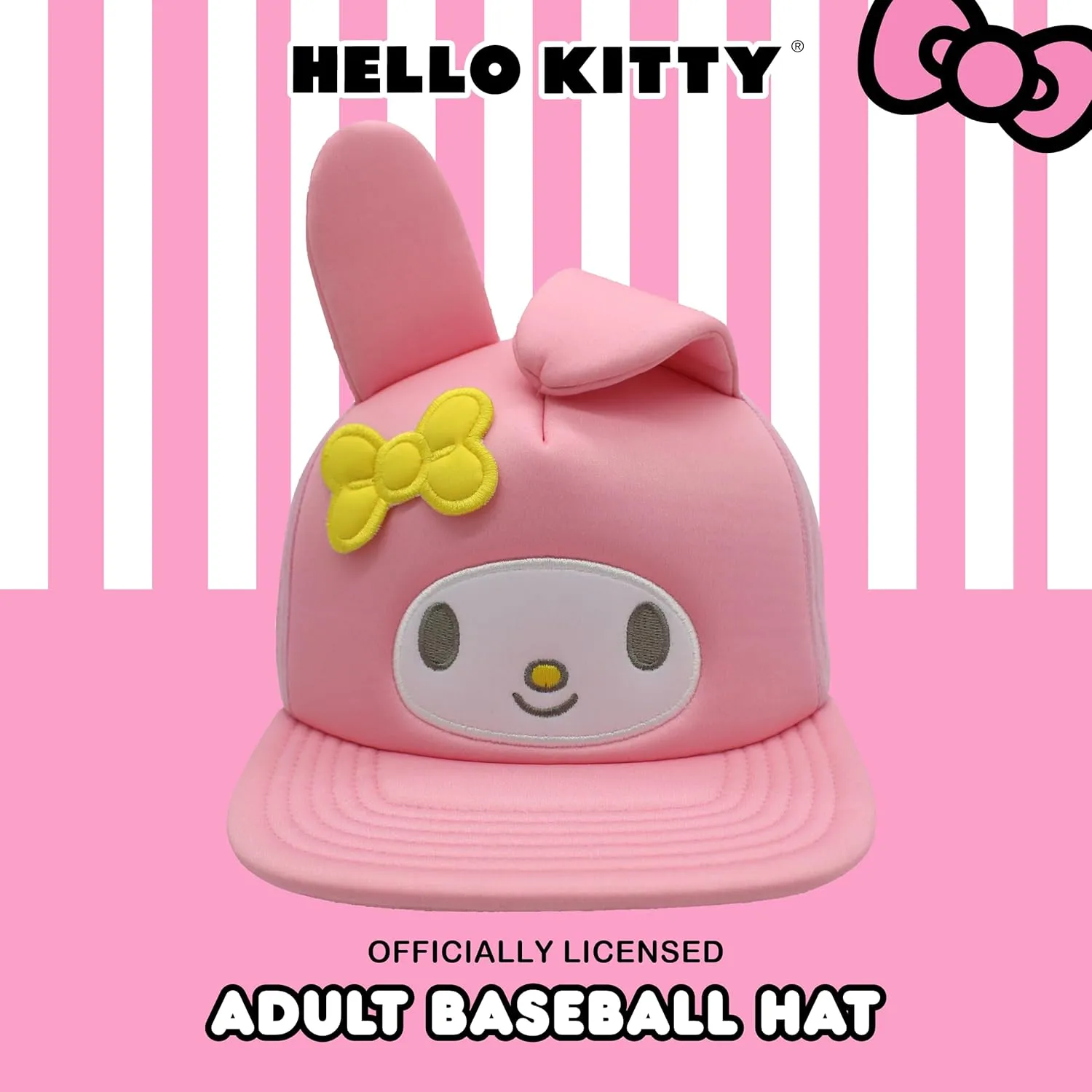 Hello Kitty Baseball Cap, Women's Snapback Hat with Flat Brim and 3D Ribbon and Ears