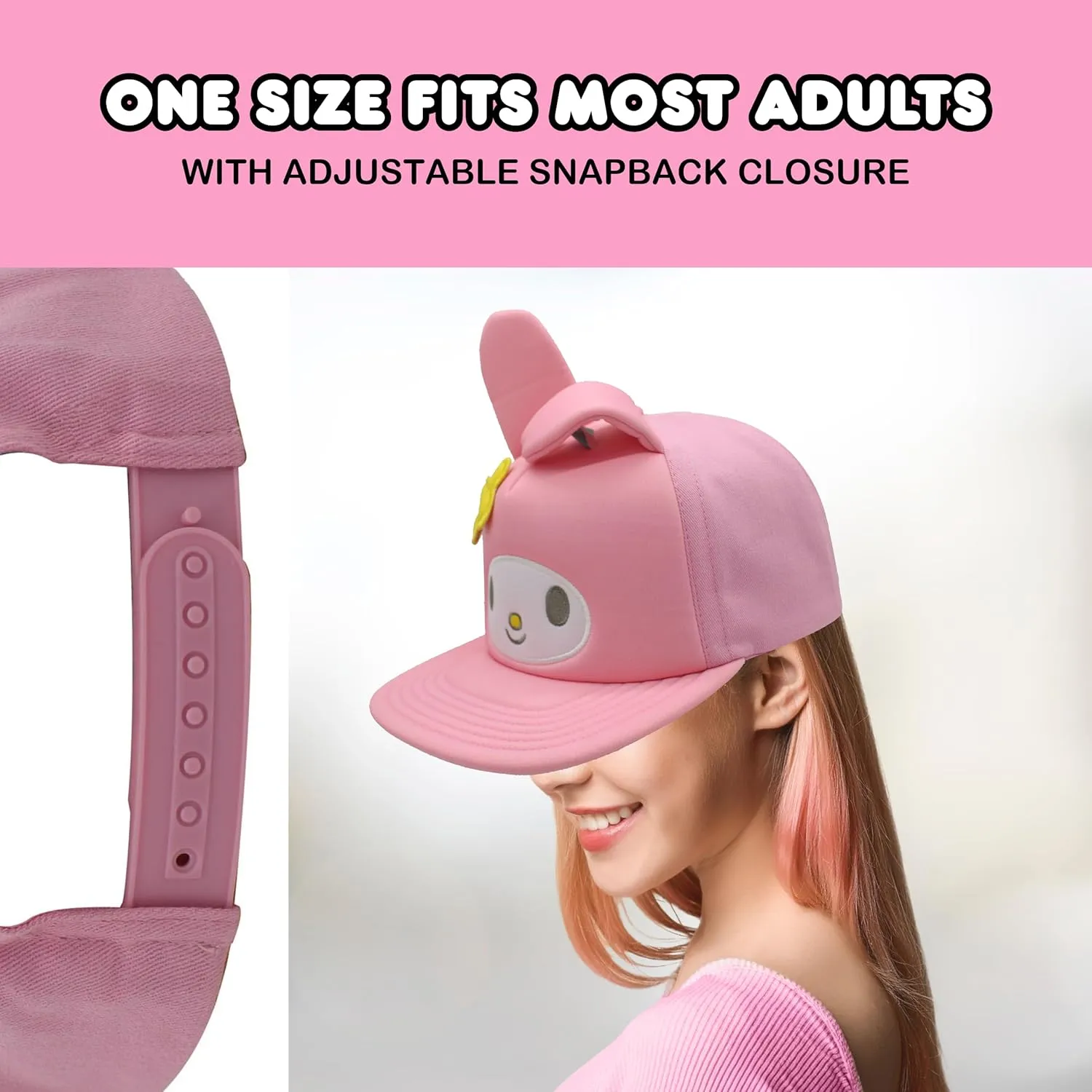 Hello Kitty Baseball Cap, Women's Snapback Hat with Flat Brim and 3D Ribbon and Ears