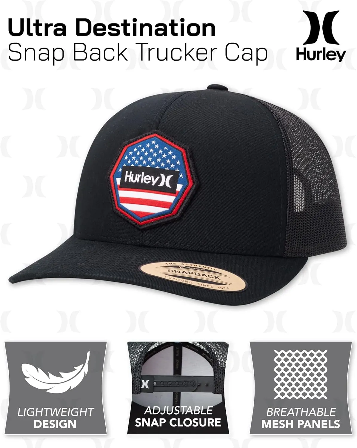 Hurley Mens Trucker Hat - Flat Brim Mesh Baseball Cap and Hats for Men with Adjustable Snapback Closure