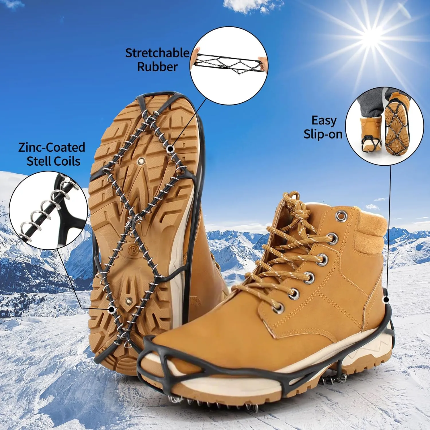 Ice Cleats Snow Grips, Anti-Slip Crampons Traction Lightweight Portable for Walking on Snow & Ice, Easy Step-in for Shoes/Boots