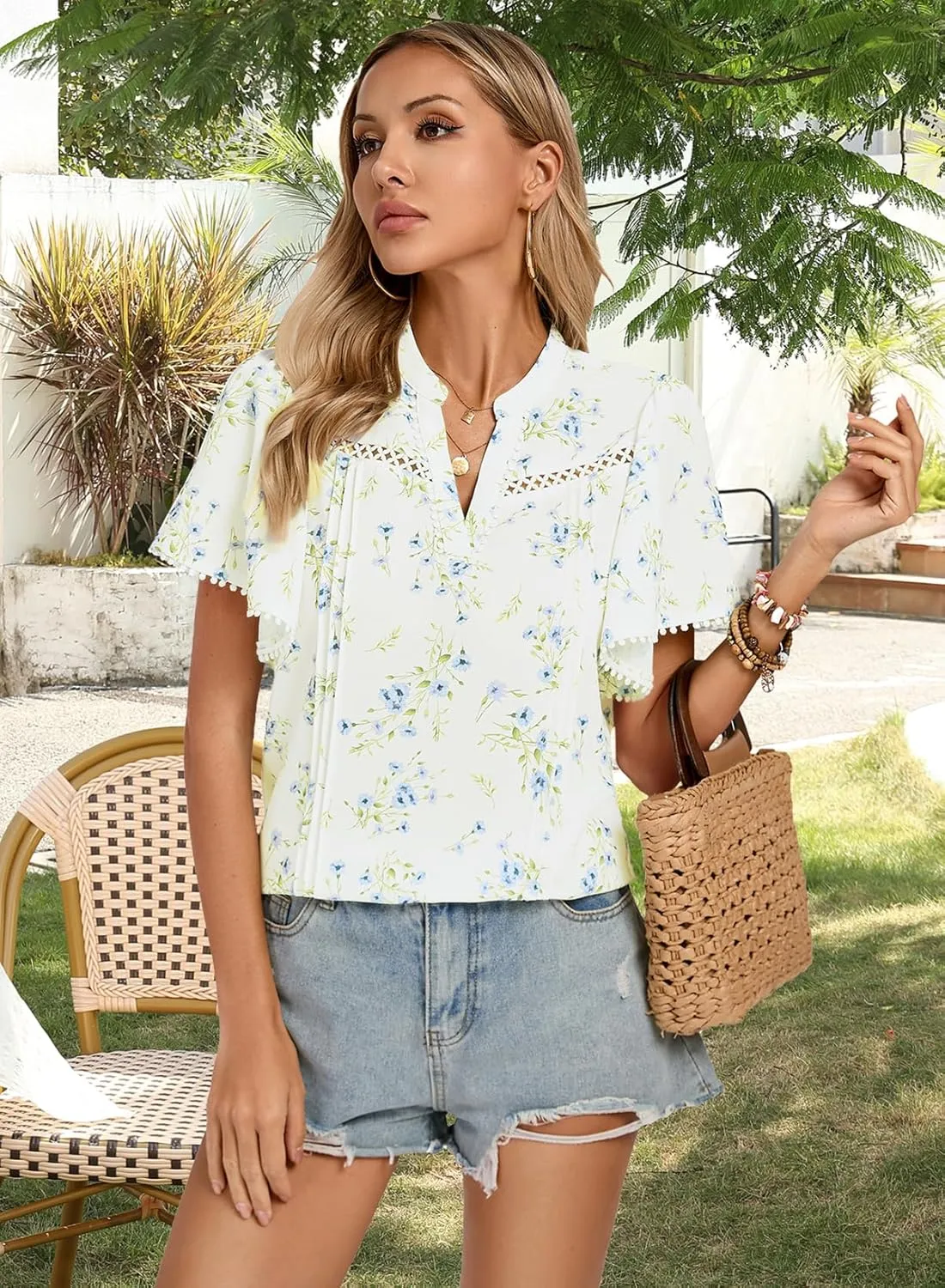 Kate Kasin Womens Tops Casual V Neck Floral Print Pleated Short Sleeve Chiffon Blouses Summer Bohemian Top Shirts