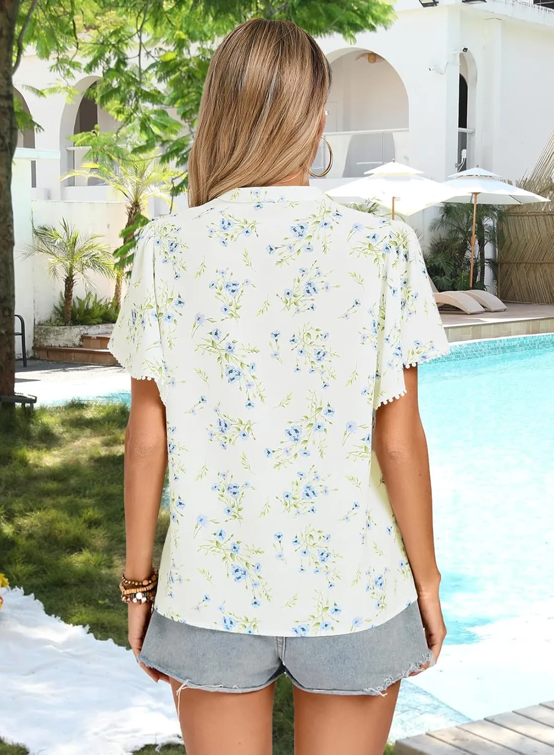 Kate Kasin Womens Tops Casual V Neck Floral Print Pleated Short Sleeve Chiffon Blouses Summer Bohemian Top Shirts