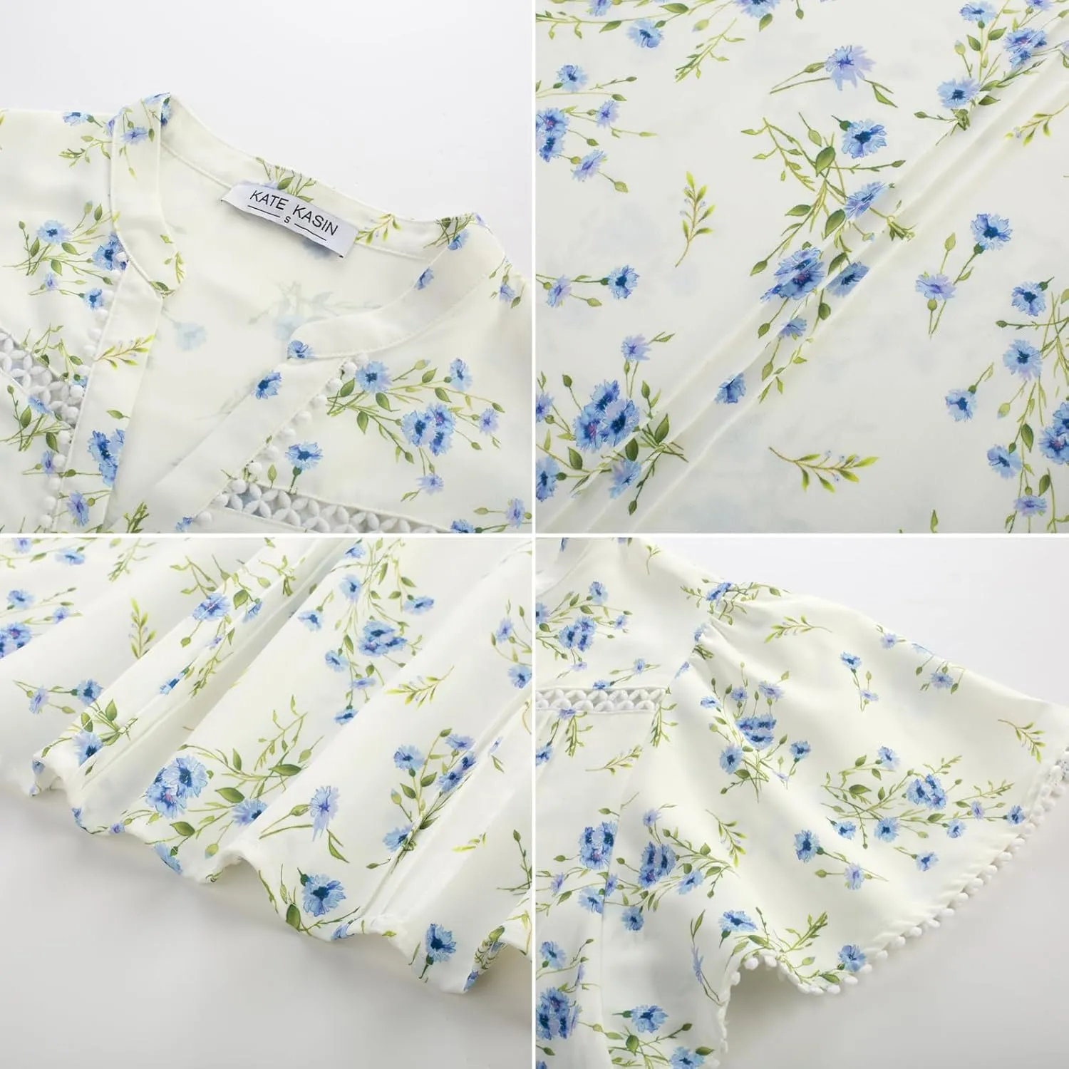 Kate Kasin Womens Tops Casual V Neck Floral Print Pleated Short Sleeve Chiffon Blouses Summer Bohemian Top Shirts