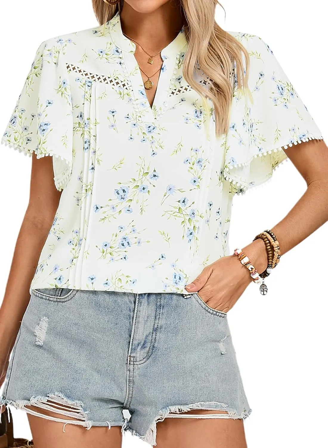 Kate Kasin Womens Tops Casual V Neck Floral Print Pleated Short Sleeve Chiffon Blouses Summer Bohemian Top Shirts