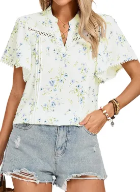 Kate Kasin Womens Tops Casual V Neck Floral Print Pleated Short Sleeve Chiffon Blouses Summer Bohemian Top Shirts