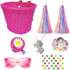 Kids Handlebar Bicycle Basket for Girls With Unicorn Necklace, Bell, Streamers, Wheel Bead, Sunglasses, Stickers - Bike Decoration Accessories Set