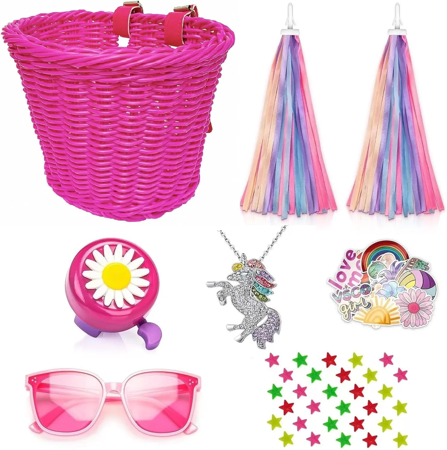 Kids Handlebar Bicycle Basket for Girls With Unicorn Necklace, Bell, Streamers, Wheel Bead, Sunglasses, Stickers - Bike Decoration Accessories Set