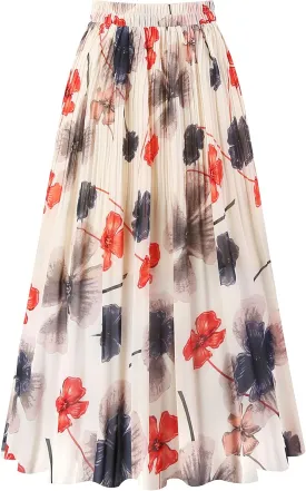 Kingfancy Women's Pleated Skirt Chiffon Elastic Waist A-Line Midi Length Skirt