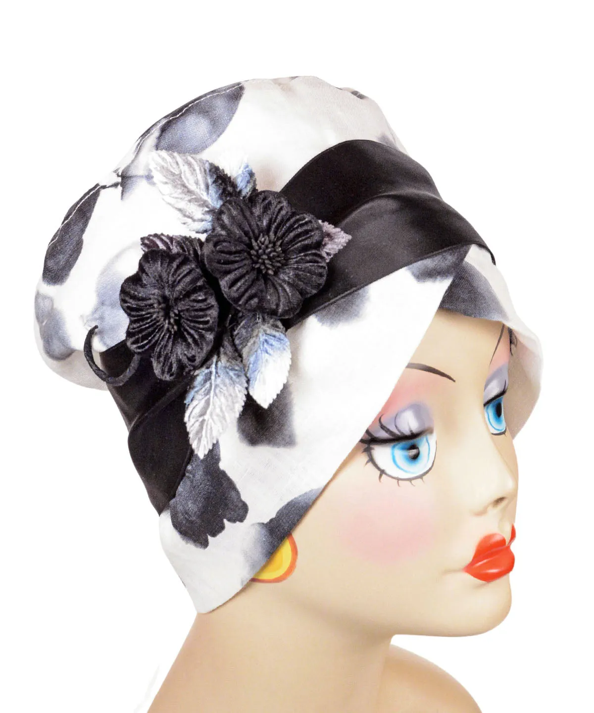 Lola Cloche Hat Style -  Linen in Black / White Floral (One Large Left!)