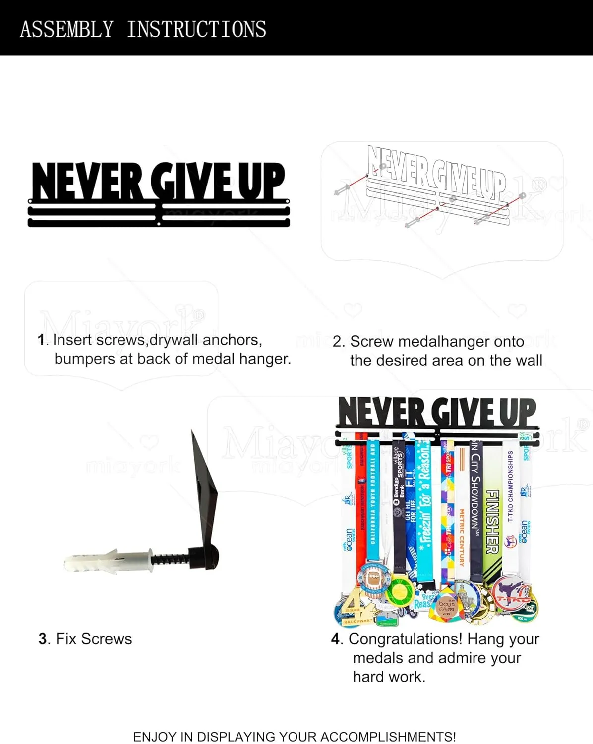 Medal Holder Display Hanger Rack Frame for Over 40 Medals-Sports Medal Hanger and Ribbon Display Holder Rack with Easy Hanging Bars