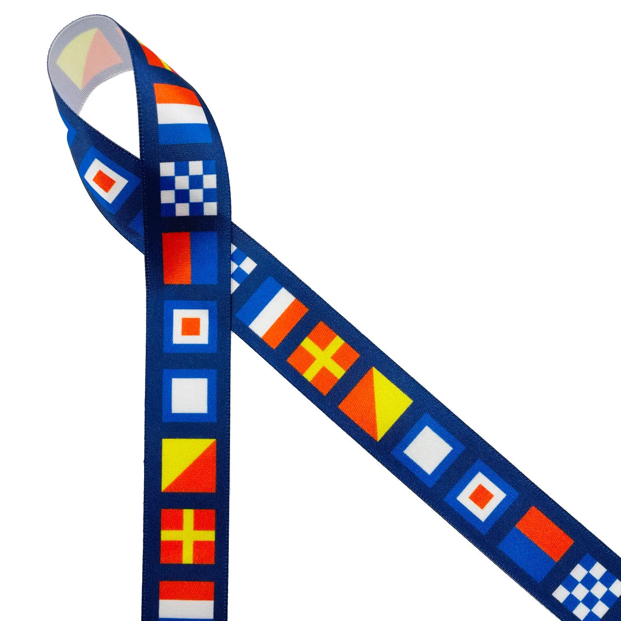 Nautical Flag ribbon flags spell NEWPORT with a navy blue background printed on  7/8" white satin and grosgrain