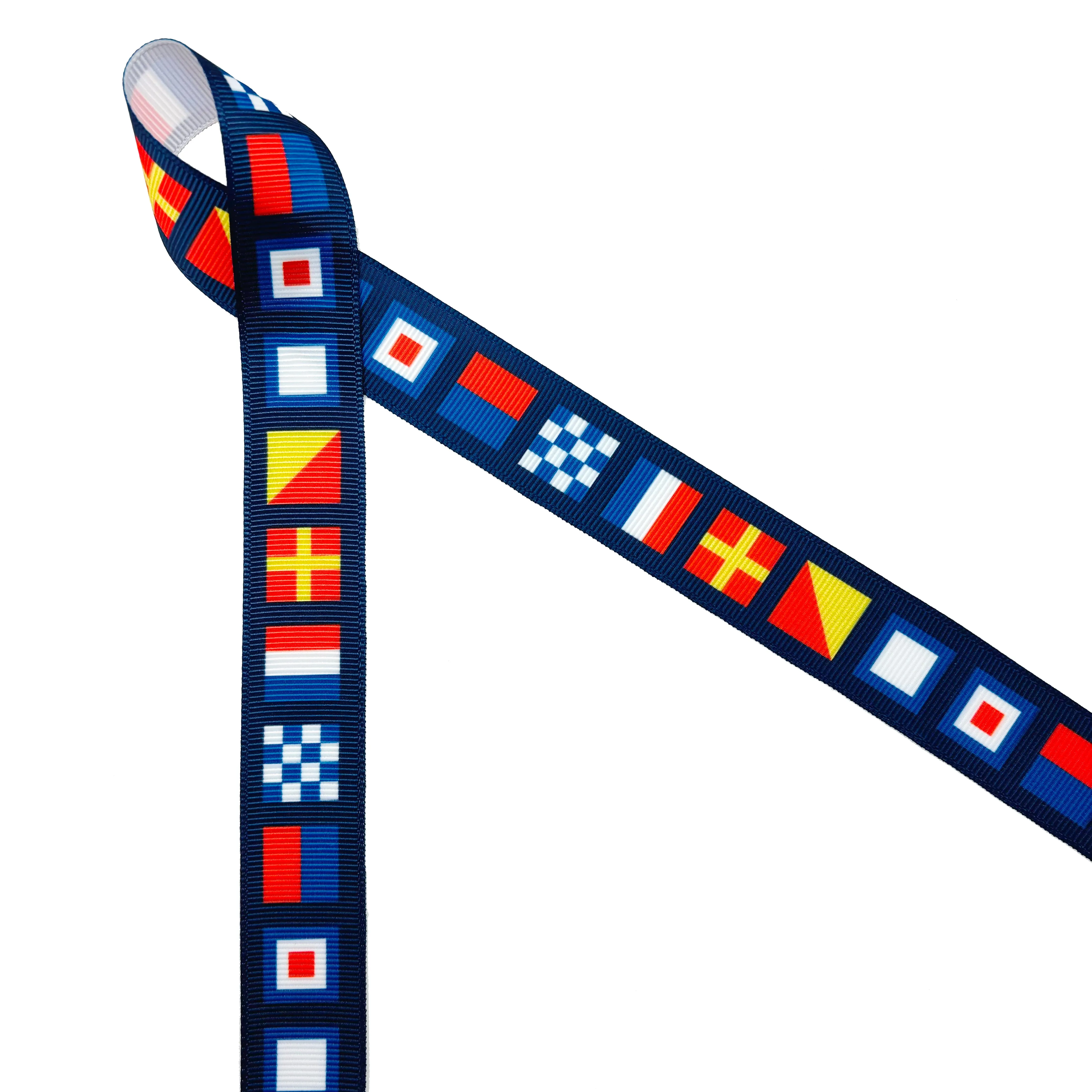 Nautical Flag ribbon flags spell NEWPORT with a navy blue background printed on  7/8" white satin and grosgrain