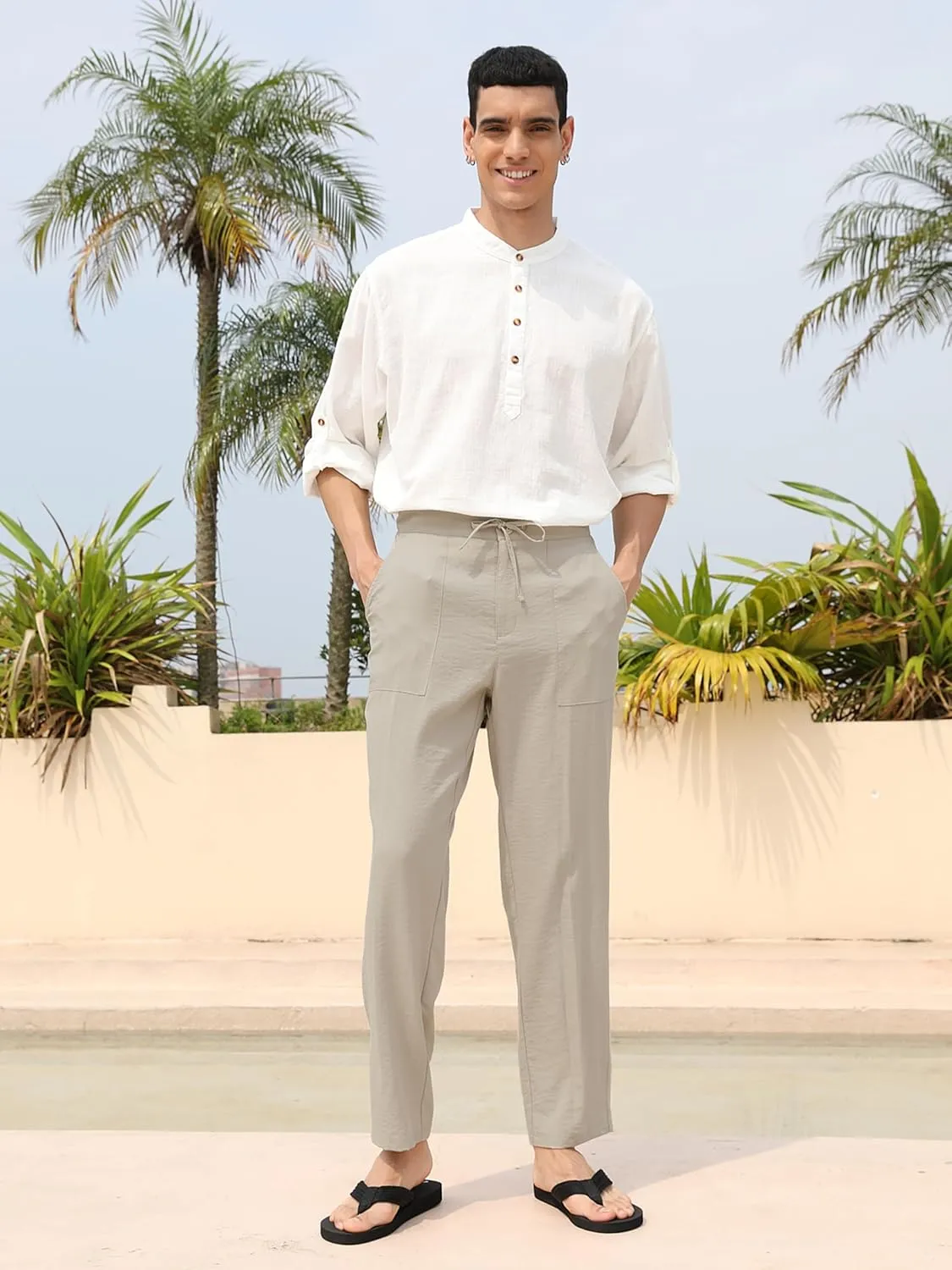 SEVEGO Mens Casual Linen Pants 30''/32''/34''/36'' Elastic Waist Drawstring Straight-Legs Summer Beach Loose Fit Trouser