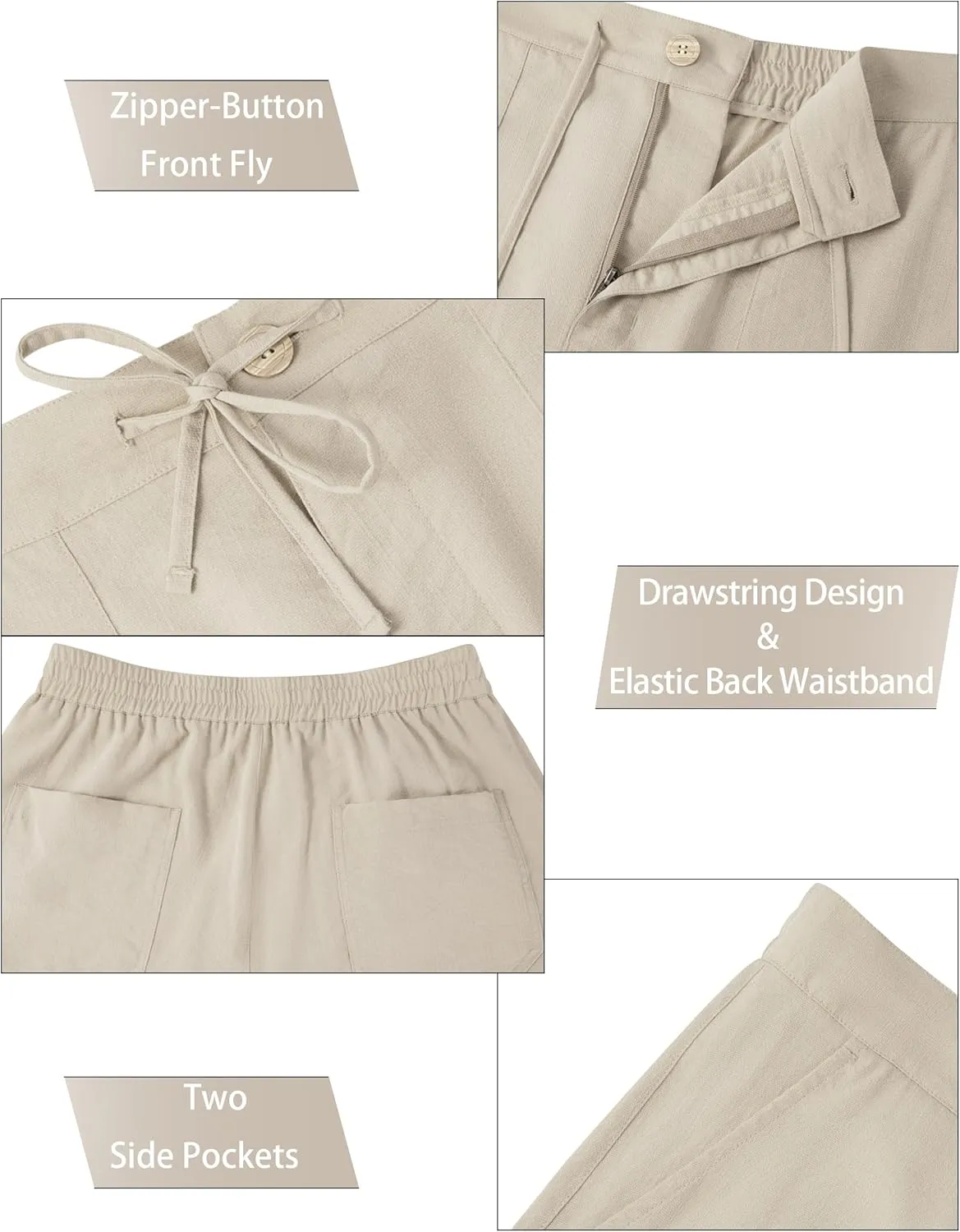 SEVEGO Mens Casual Linen Pants 30''/32''/34''/36'' Elastic Waist Drawstring Straight-Legs Summer Beach Loose Fit Trouser