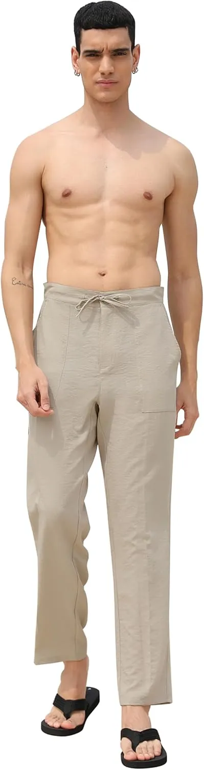 SEVEGO Mens Casual Linen Pants 30''/32''/34''/36'' Elastic Waist Drawstring Straight-Legs Summer Beach Loose Fit Trouser