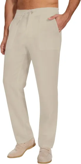 SEVEGO Mens Casual Linen Pants 30''/32''/34''/36'' Elastic Waist Drawstring Straight-Legs Summer Beach Loose Fit Trouser