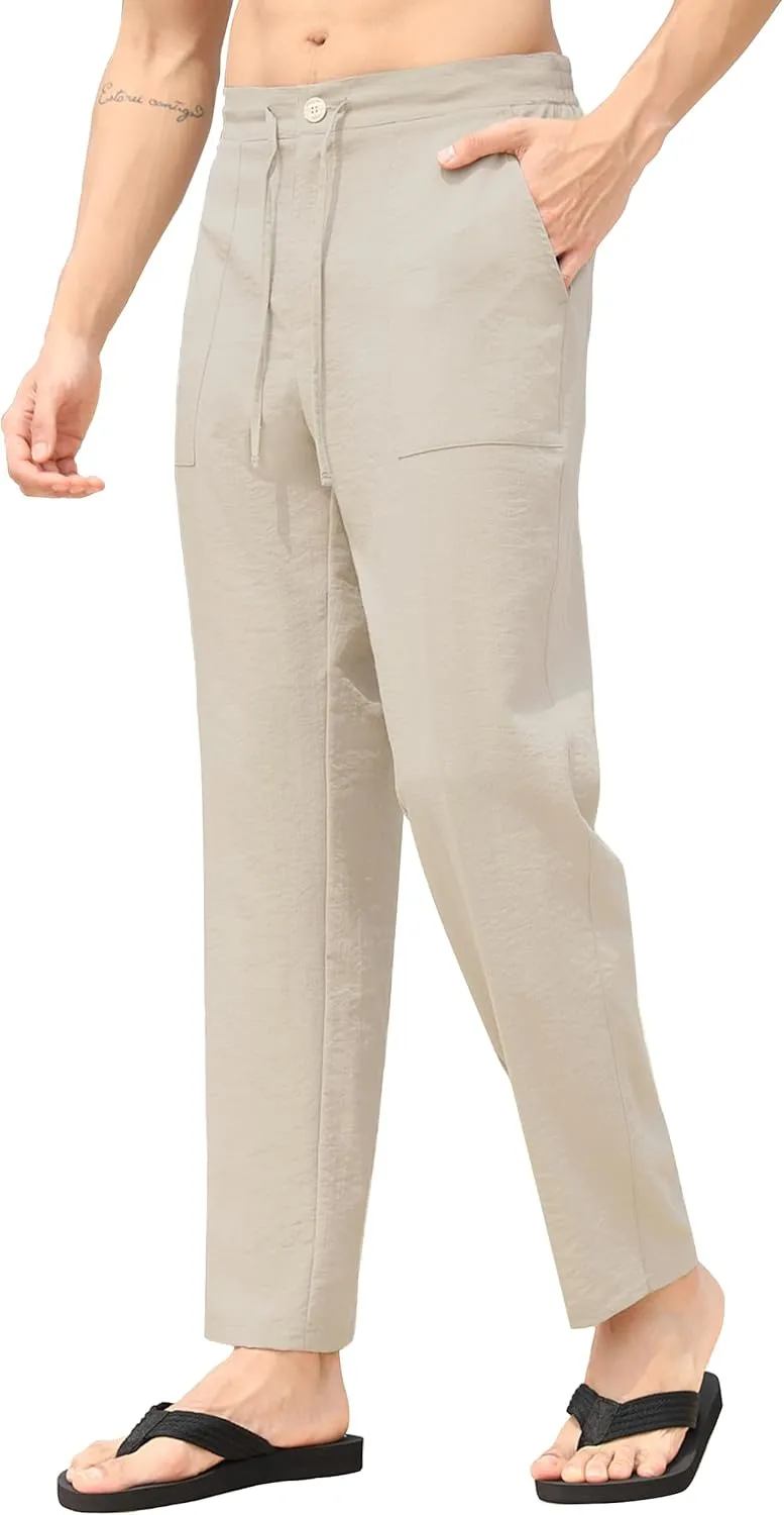 SEVEGO Mens Casual Linen Pants 30''/32''/34''/36'' Elastic Waist Drawstring Straight-Legs Summer Beach Loose Fit Trouser