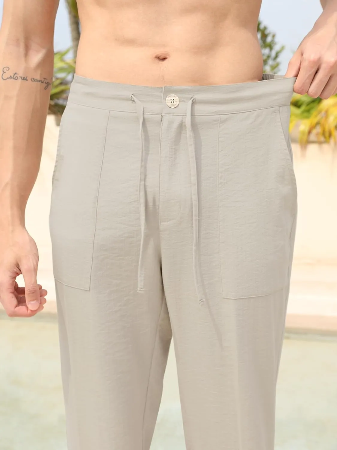 SEVEGO Mens Casual Linen Pants 30''/32''/34''/36'' Elastic Waist Drawstring Straight-Legs Summer Beach Loose Fit Trouser