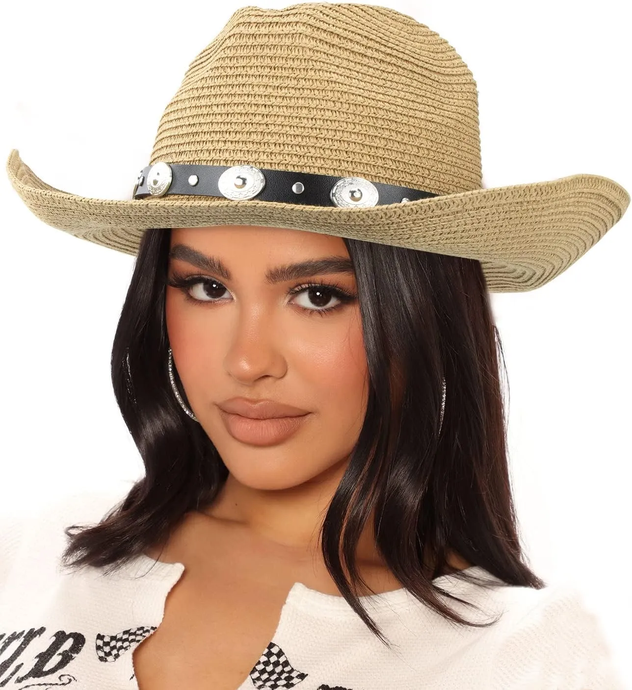 Straw Cowboy Hat for Women Men Western Sun Hat Wide Brim Summer Belt Cowgirl Hats(M-L)