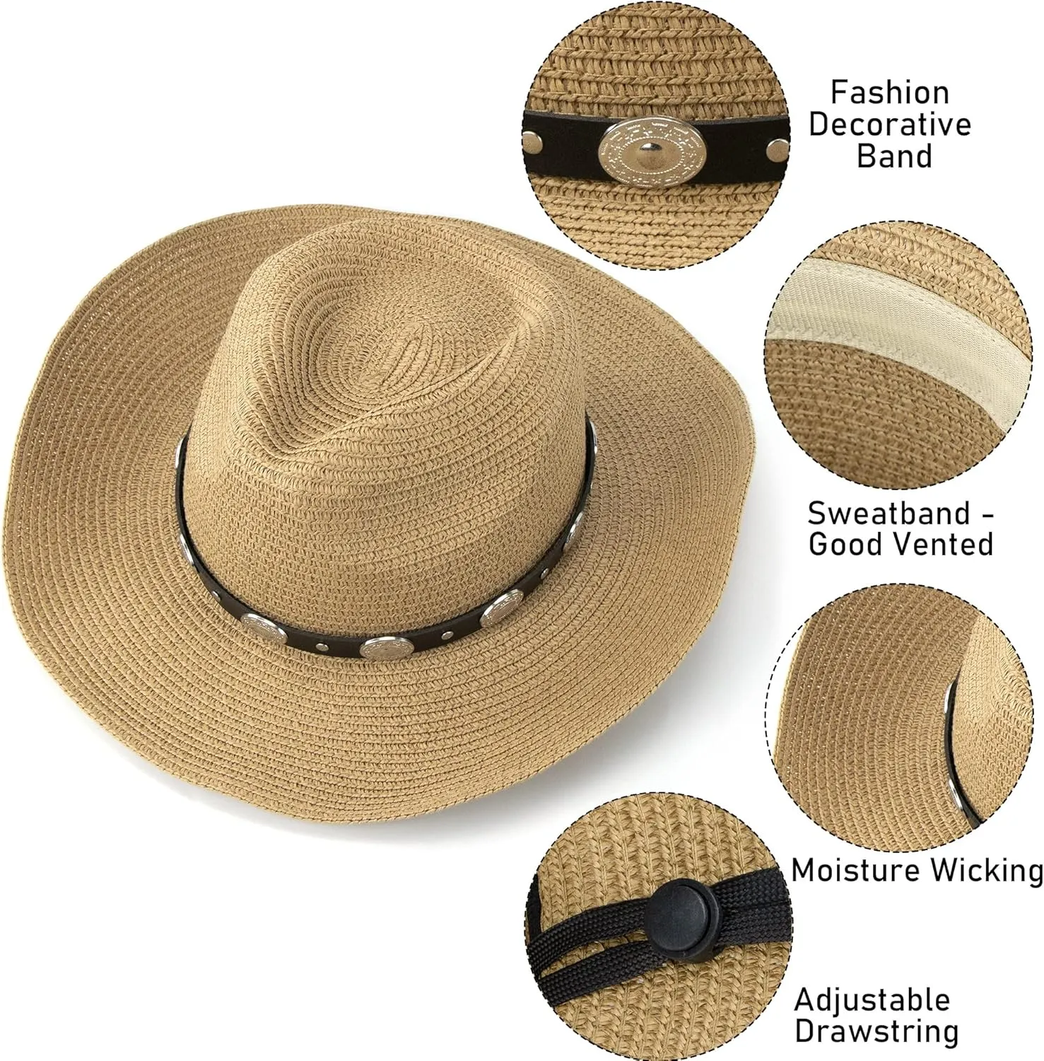 Straw Cowboy Hat for Women Men Western Sun Hat Wide Brim Summer Belt Cowgirl Hats(M-L)