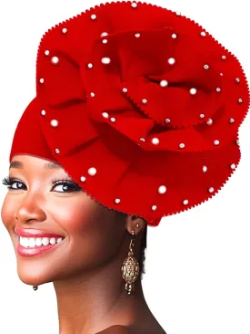Urieo African Turban Headwrap Flower Head Wrap Cap Pre-Tied Pearl Head Scarf for Women