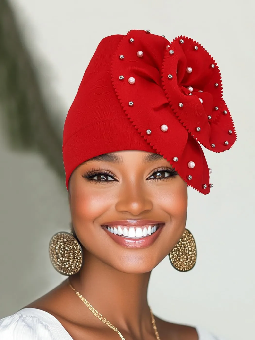 Urieo African Turban Headwrap Flower Head Wrap Cap Pre-Tied Pearl Head Scarf for Women