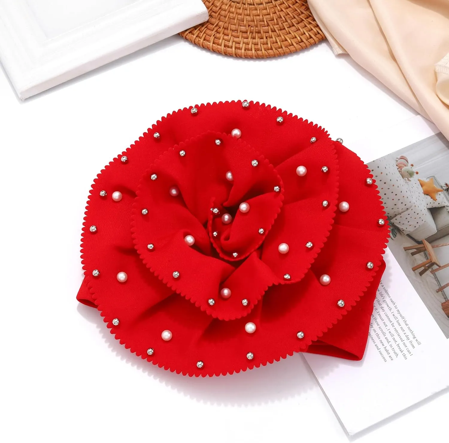 Urieo African Turban Headwrap Flower Head Wrap Cap Pre-Tied Pearl Head Scarf for Women