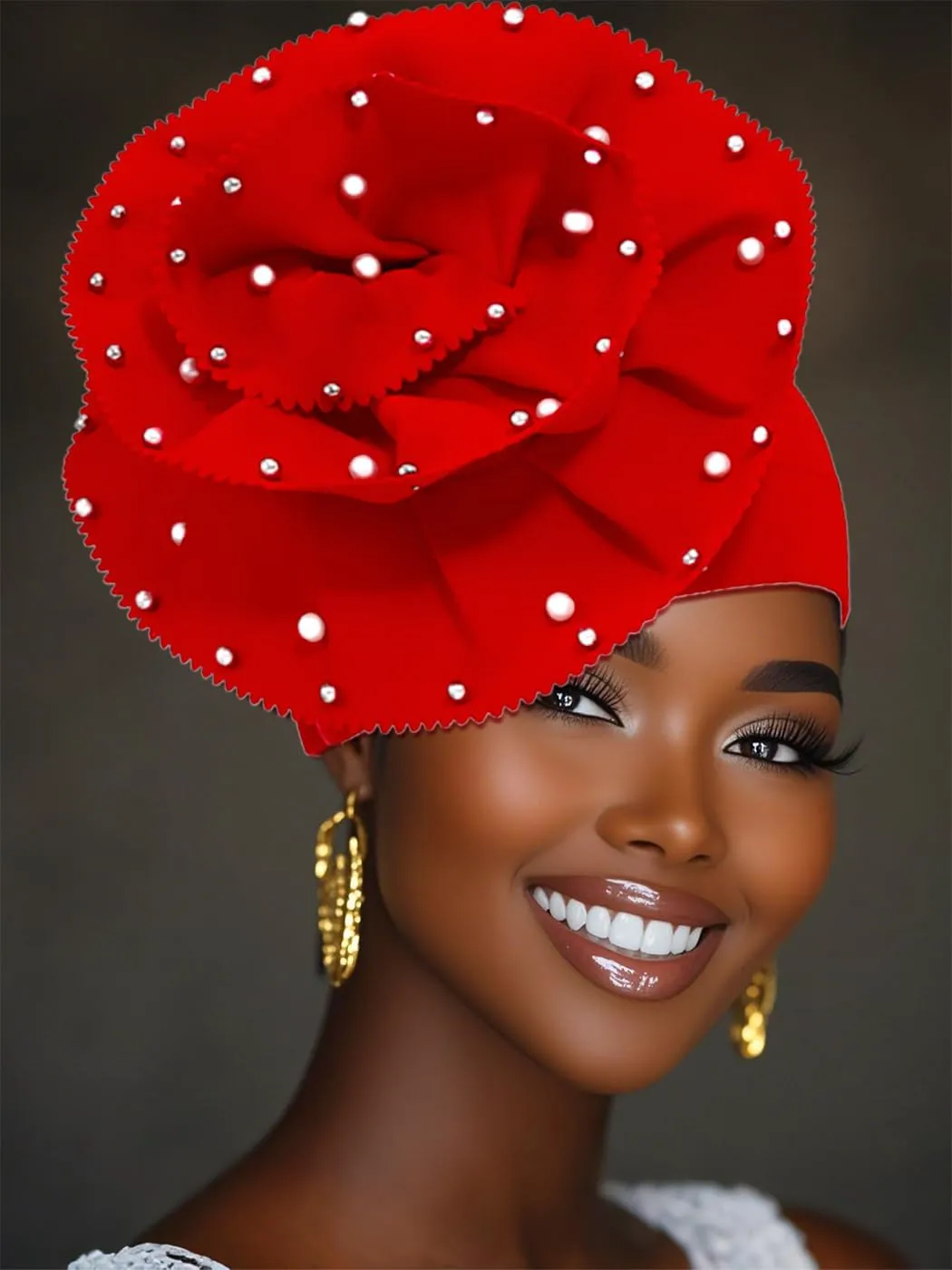 Urieo African Turban Headwrap Flower Head Wrap Cap Pre-Tied Pearl Head Scarf for Women