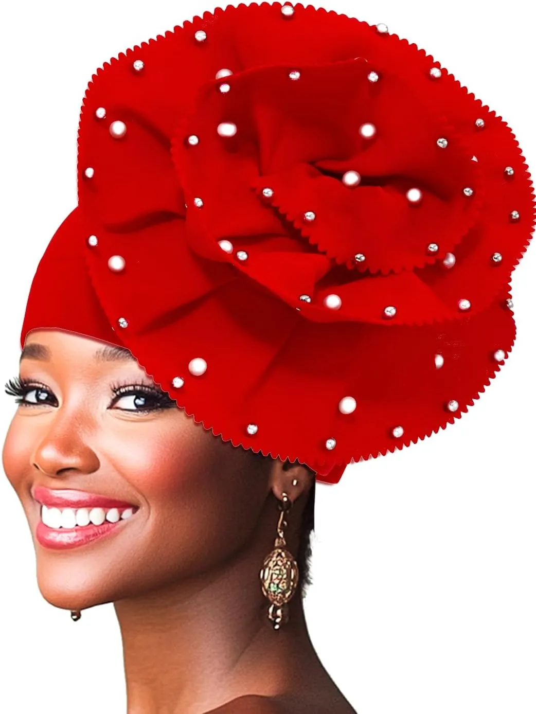 Urieo African Turban Headwrap Flower Head Wrap Cap Pre-Tied Pearl Head Scarf for Women