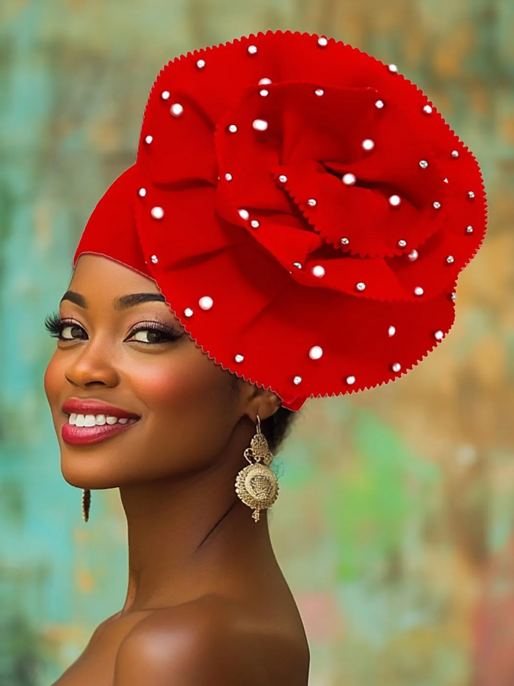 Urieo African Turban Headwrap Flower Head Wrap Cap Pre-Tied Pearl Head Scarf for Women