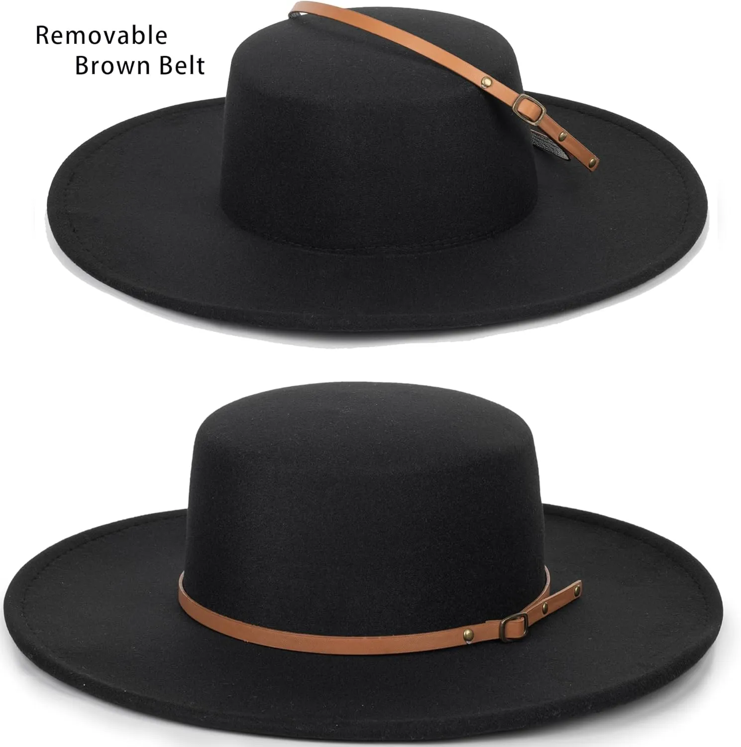 Women 3.75in-Large-Brim Felt-Fedora-Hat Flat-Top Derby-Cap Pork-Pie Boater-Hat Flat-Brim Church-Hat Wedding-Party Size:S/M